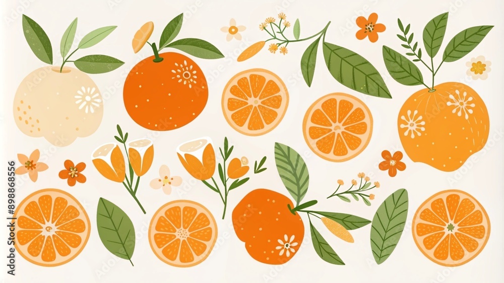 Set of hand drawn oranges fruits with leaves, branches and flowers. Vector modern botanical illustration. Set of citrus tropical fruits. Summer design for pattern, poster, card, fabric, banner, cover. Set of hand drawn oranges fruits with leaves, branches and flowers. Vector modern botanical illustration. Set of citrus tropical fruits. Summer design for pattern, poster, card, fabric, banner, cover.