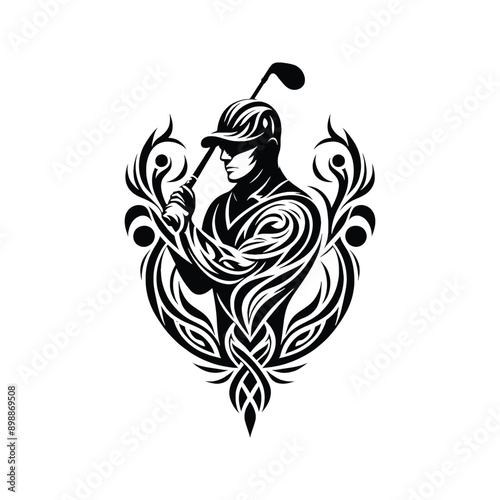 Golf  male player in ethnic tribal pattern illustration, emblem shield badge
