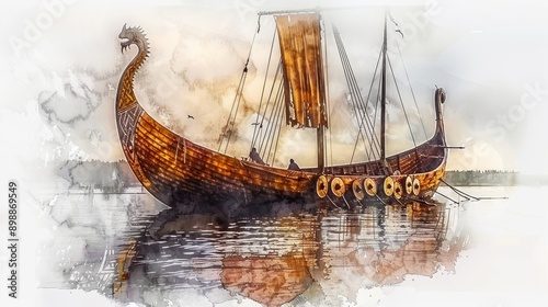 Dragon headed viking drakkar  watercolor painting of warship with shields sailing on calm sea