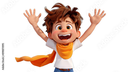 [Transparent Background PNG]A boy with brown hair and blue eyes is smiling with his arms in the air photo