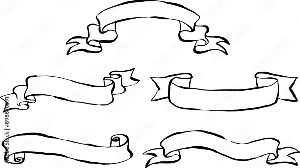Conjunto de banners de cintas dibujadas a mano. Clipart de cintas para nombres. Ilustración de banners para invitaciones, diseños, papelería