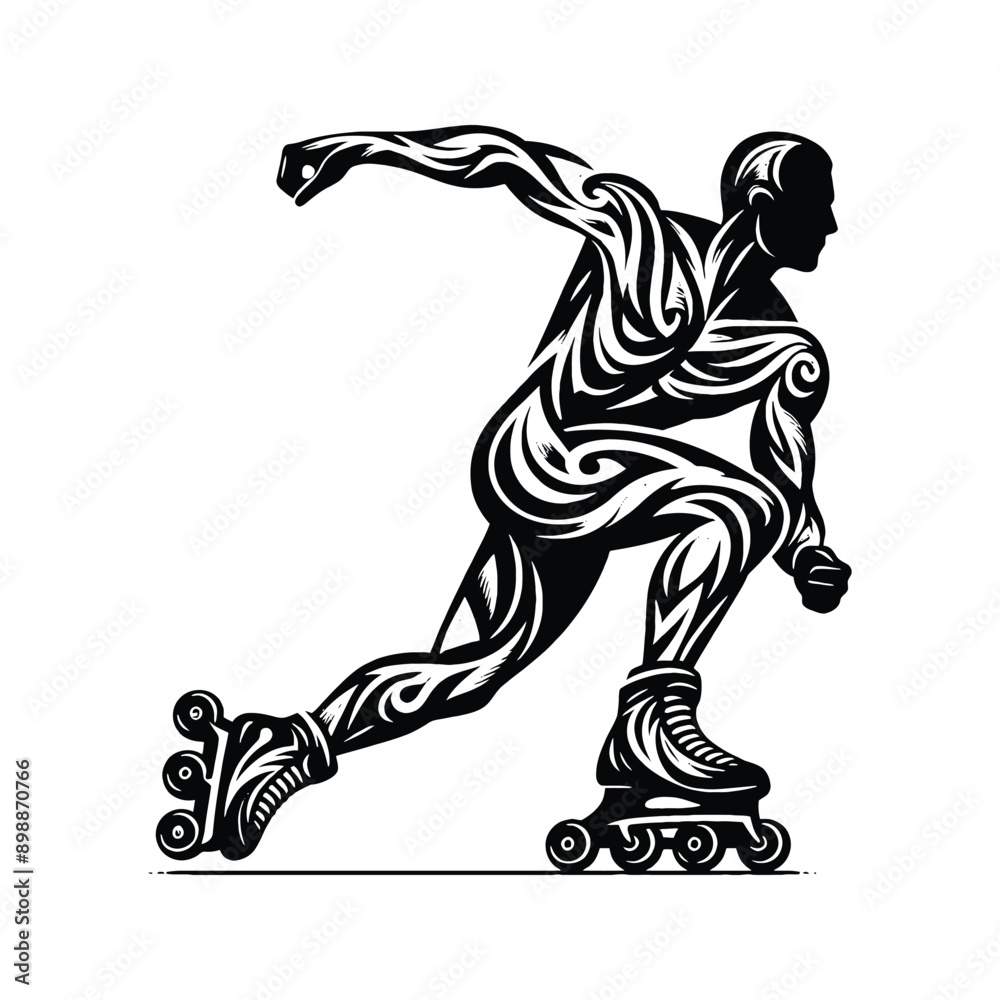 Inline Skating, roller skate male player in ethnic tribal pattern illustration, emblem shield badge Inline Skating, roller skate male player in ethnic tribal pattern illustration, emblem shield badge