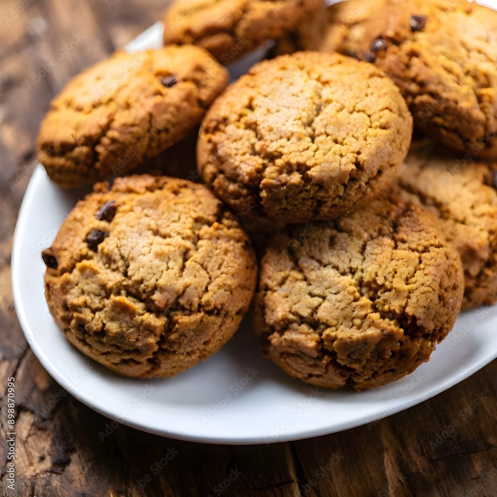 Fresh delicious, brown chocolate chip cookies biscuits on a plate Fresh delicious, brown chocolate chip cookies biscuits on a plate