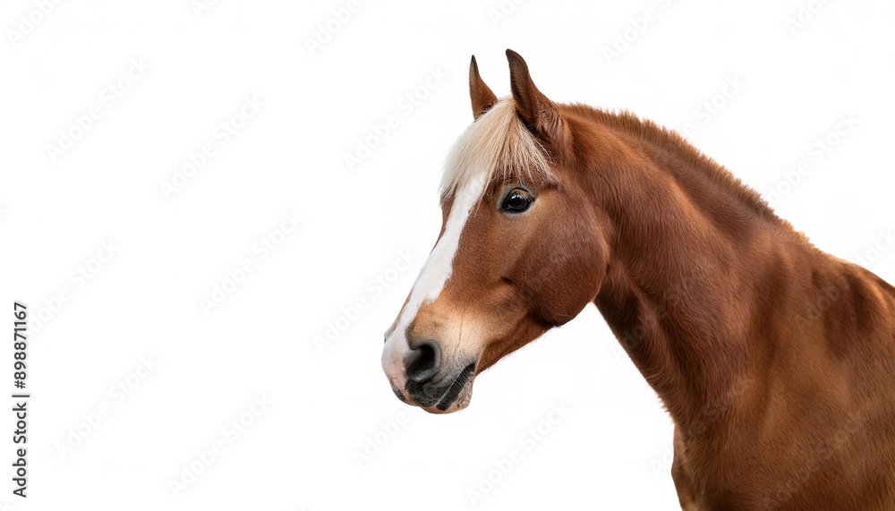 Fototapeta premium close up view of a brown horse with mane hair showing. isolated on white background with copy space. cute adorable farm livestock mammal animal concept