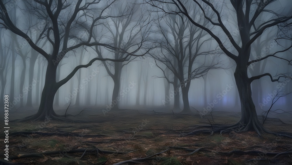 Mysterious Foggy Forest Landscape With Leafless Trees During Early Morning Light Mysterious Foggy Forest Landscape With Leafless Trees During Early Morning Light