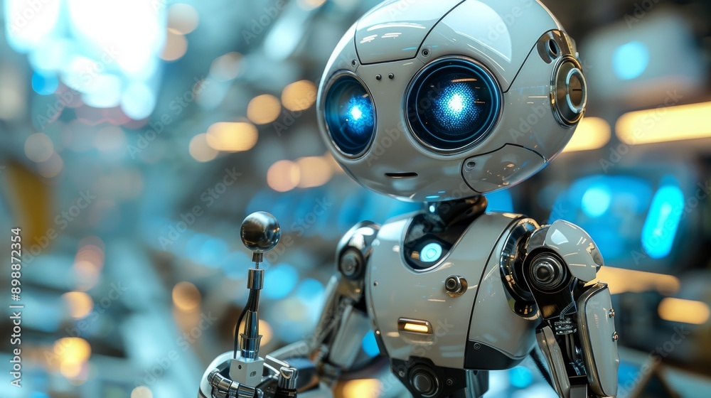 Cute ai robot is holding a joystick, controlling a futuristic spaceship in a high tech environment Cute ai robot is holding a joystick, controlling a futuristic spaceship in a high tech environment