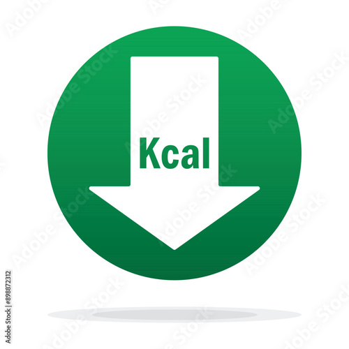 Calories reduction icon. Low kilocalories graphics sign with arrow. Kcal reduction isolated symbol on white background. Symbol of healthy nutrition. Vector illustration. Kilocalorie symbol emblem.