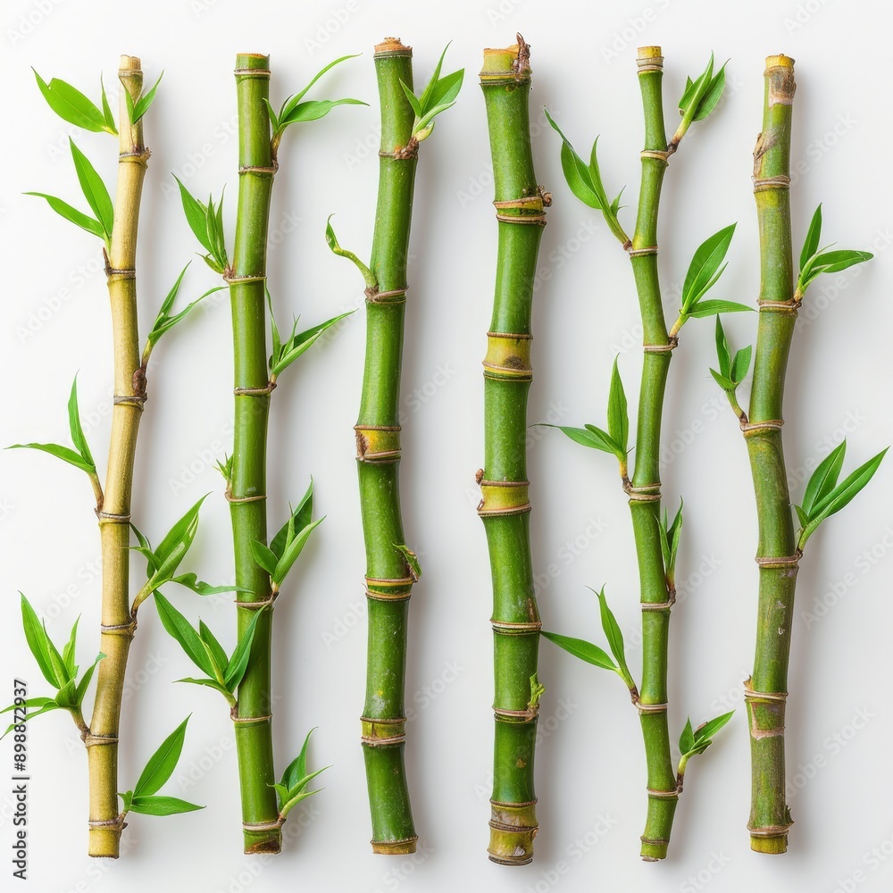 Fototapeta premium Six green bamboo stalks with leaves on a white background.