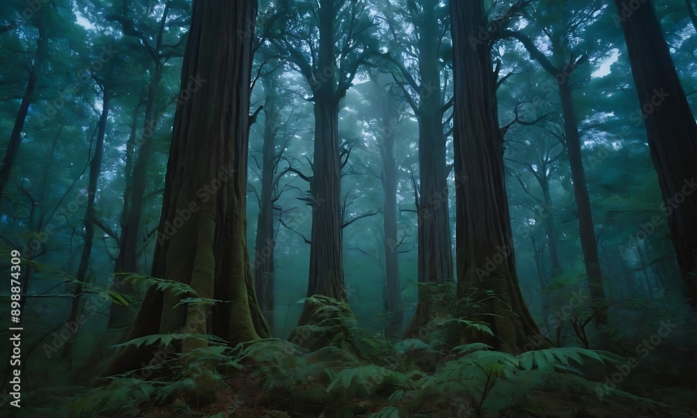 A dense forest of towering alien trees with bioluminescent leaves and branches, casting a soft, eerie glow in an otherworldly twilight. A dense forest of towering alien trees with bioluminescent leaves and branches, casting a soft, eerie glow in an otherworldly twilight.