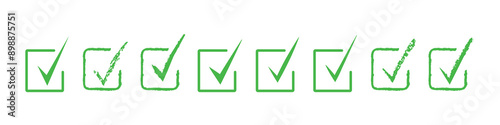 Set of green check marks on a white background. Green tick. Isolated. Correct.  Trendy icons. Symbol sign. Hand drawn. Doodle. Vector. Grunge textures. Brush. Ok. Verified. Textbox. Frame. Acceptance