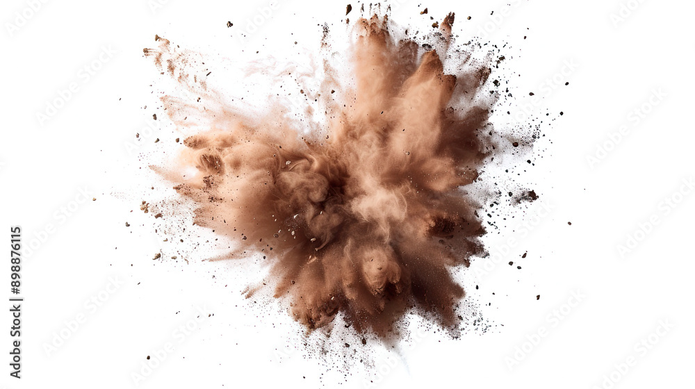 Dry soil explosion isolated on white background dynamic earth particles burst arid ground effect dramatic environmental imagery natural disaster concept dust and debris high-impact visual