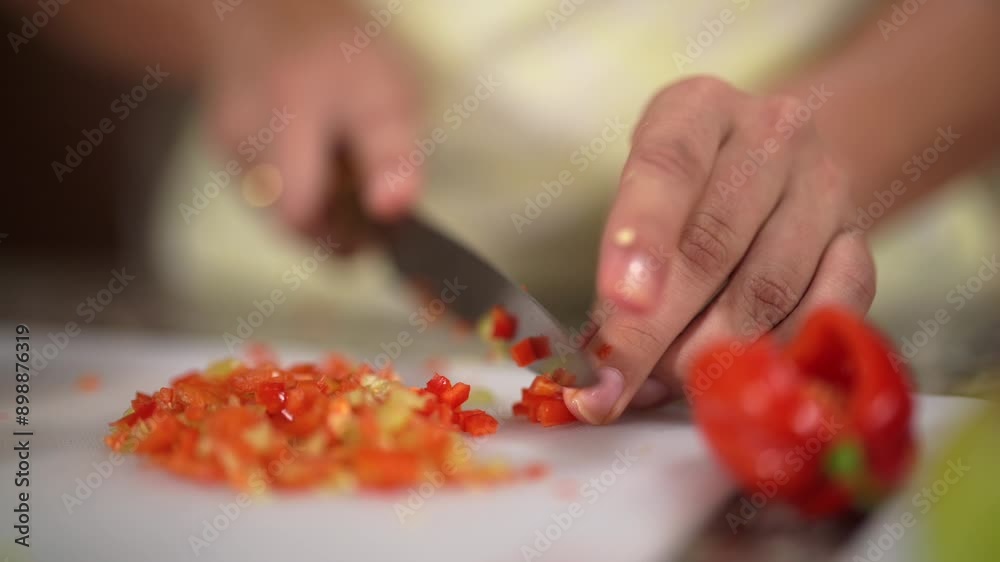 Manos de mujer cortando ají de colores para preparar comida del hogar en cámara lenta