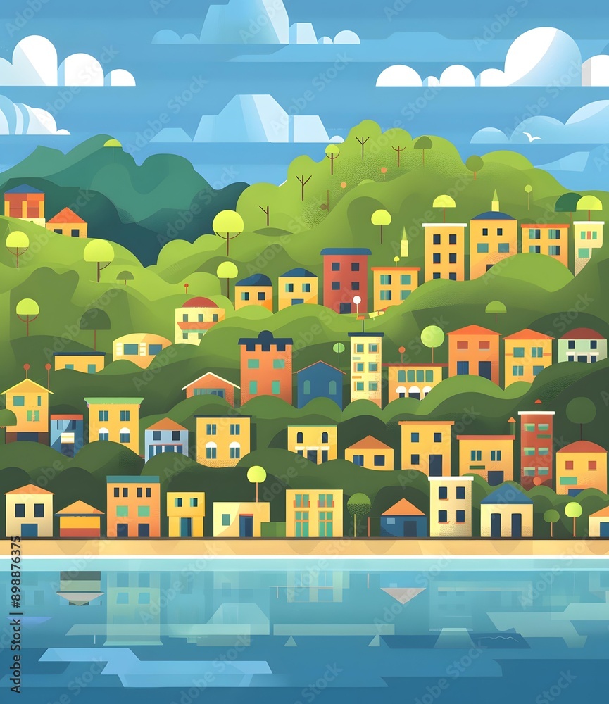 Summer Coastal Town Illustration with Colorful Houses and Lush Green Hills Summer Coastal Town Illustration with Colorful Houses and Lush Green Hills