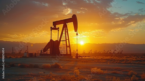 Oil well pump jack is working with the setting sun in the background in an oilfield