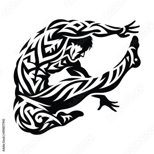 Parkour  male player in ethnic tribal pattern illustration, emblem shield badge