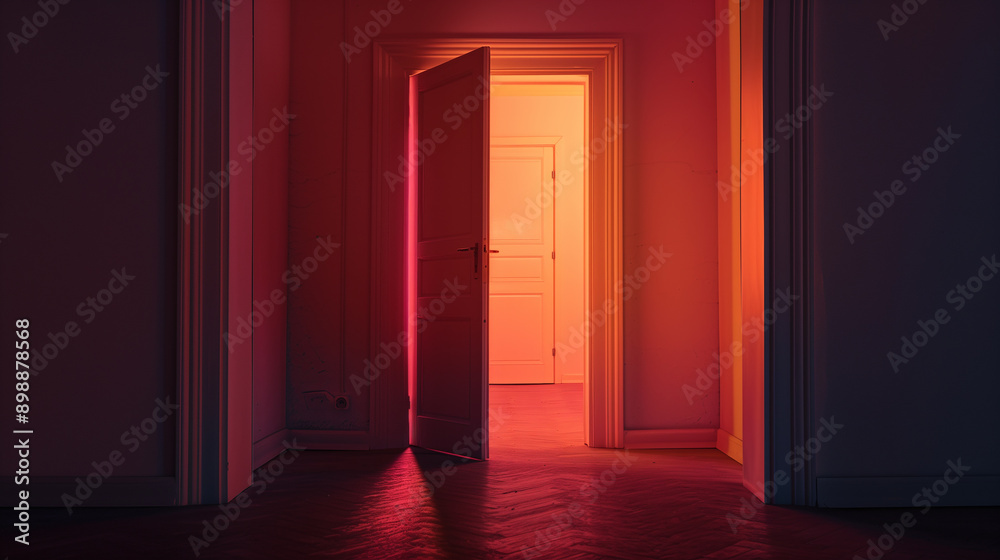 Fototapeta premium An ajar door in a violet room reveals a sliver of light from outside. Space for text. Claustrophobia. Solitude.