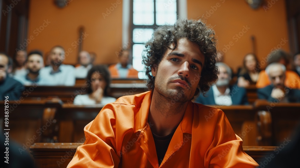 Εκτύπωση καμβά Court of Law and Justice Trial Proceedings: Portrait of Accused Male Criminal in Orange Jumpsuit Giving Testimony to Judge, Jury