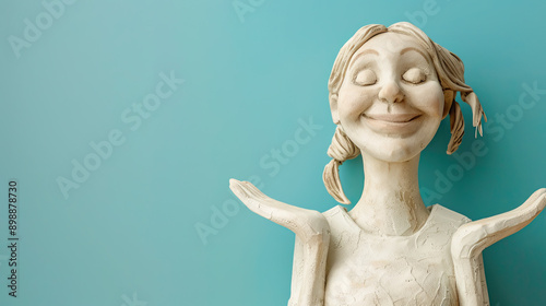 Gypsum statue of a proud, happy woman posed on a pastel blue background elegant and graceful sculpture serene and artistic expression soft pastel backdrop refined and sophisticated design emotiona