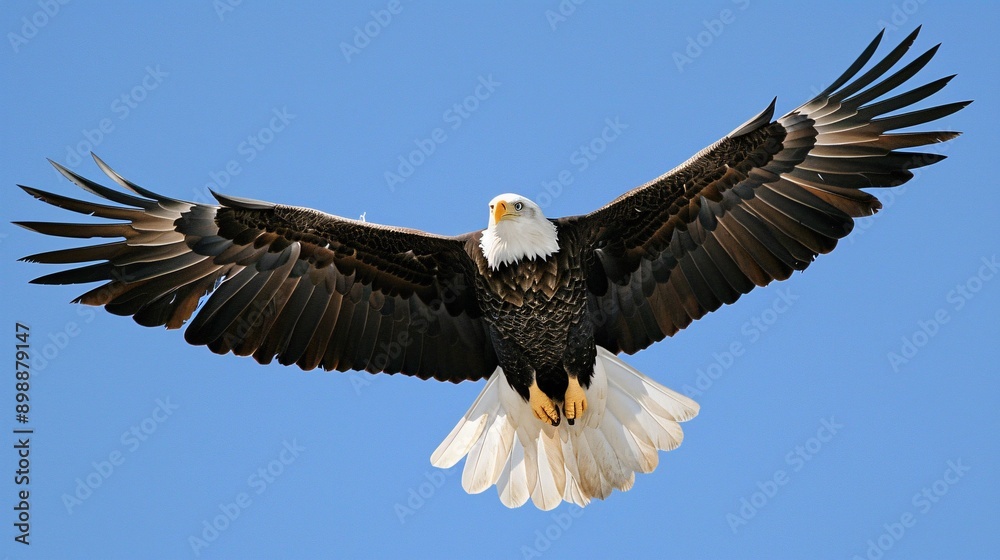 A majestic bald eagle in flight, its white head and tail feathers contrasting with its dark brown body against a clear blue sky background. A majestic bald eagle in flight, its white head and tail feathers contrasting with its dark brown body against a clear blue sky background.