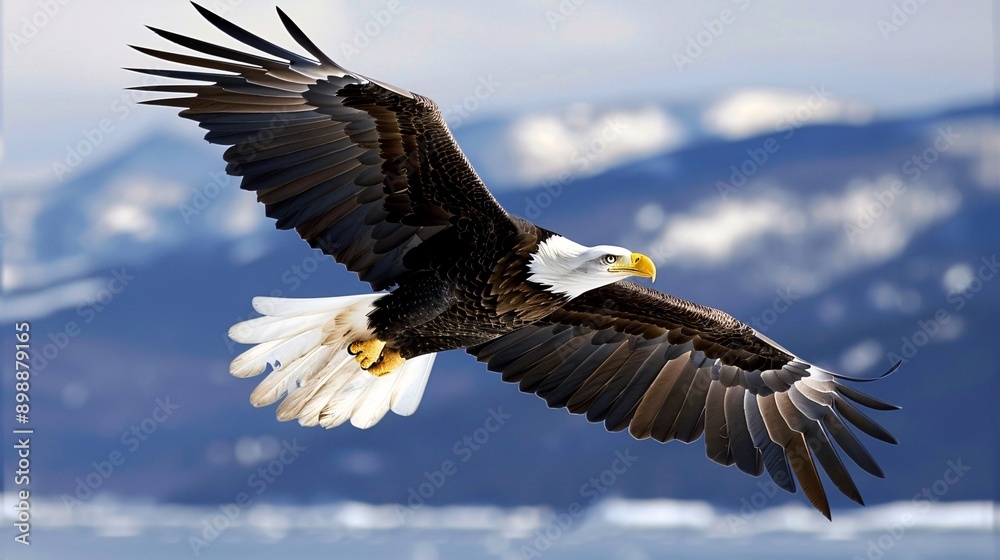 A majestic bald eagle in flight, its white head and tail feathers contrasting with its dark brown body against a clear blue sky background. A majestic bald eagle in flight, its white head and tail feathers contrasting with its dark brown body against a clear blue sky background.