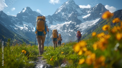 A group of hikers walks towards snow-capped mountains in a scenic landscape, showcasing the beauty of nature and the spirit of adventure in the great outdoors