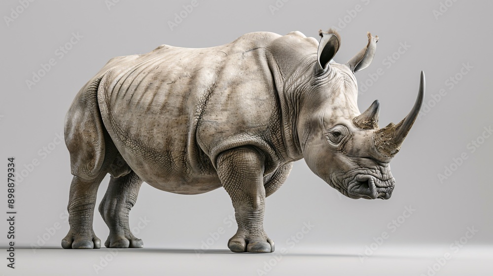 Fototapeta premium A powerful rhinoceros with its distinctive horn, its thick gray skin creating a textured appearance against a light gray background.