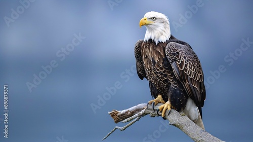 A majestic bald eagle perched on a branch, its piercing gaze fixed ahead against a serene blue background, highlighting its powerful beak and white head feathers.