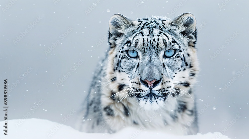 A stealthy snow leopard camouflaged against a snowy white background, its piercing blue eyes gazing directly at the camera, showcasing its beauty and elusiveness. A stealthy snow leopard camouflaged against a snowy white background, its piercing blue eyes gazing directly at the camera, showcasing its beauty and elusiveness.