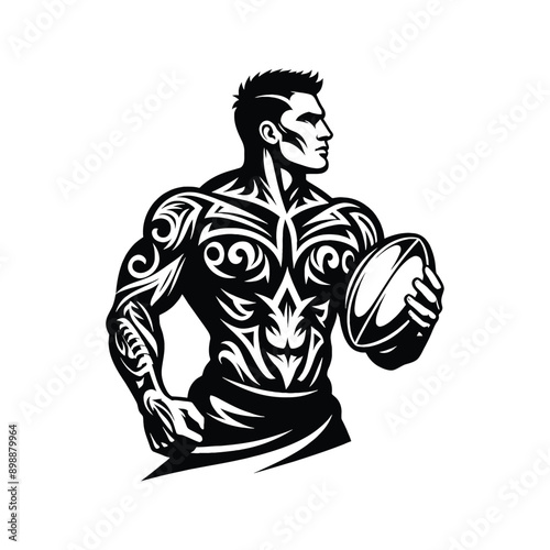 Rugby male player in ethnic tribal pattern illustration, emblem shield badge