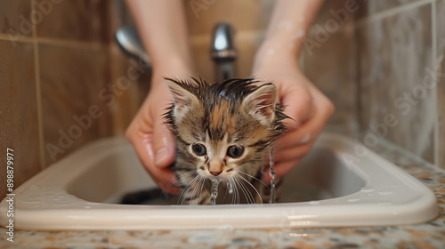 A playful kitten being bathed in a small sink