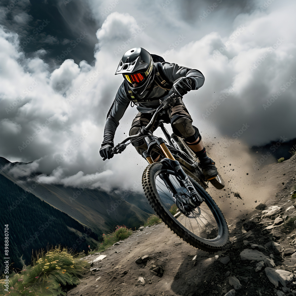 High Flying: A Mountain Biker’s Daredevil Stunt Against the Backdrop of Rugged Wilderness High Flying: A Mountain Biker’s Daredevil Stunt Against the Backdrop of Rugged Wilderness
