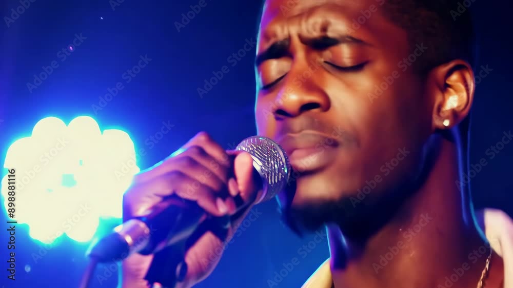 Closeup of Black male rapper gesturing while singing in microphone on ...