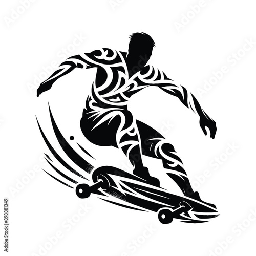 Skateboarding, longboarding  male player in ethnic tribal pattern illustration, emblem shield badge