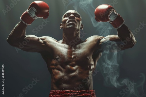 A strong boxer posing victoriously with raised arms and wearing red gloves, against a background of smoke, showcasing his athletic physique and triumphant spirit. photo