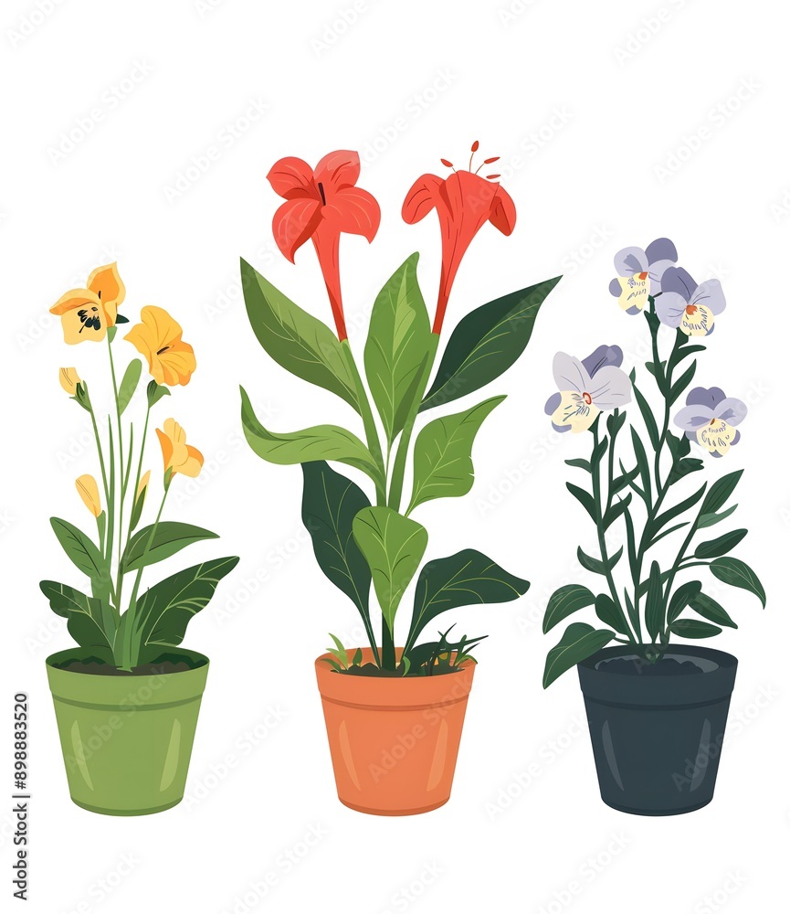 Three potted plants with yellow, red and purple flowers Three potted plants with yellow, red and purple flowers