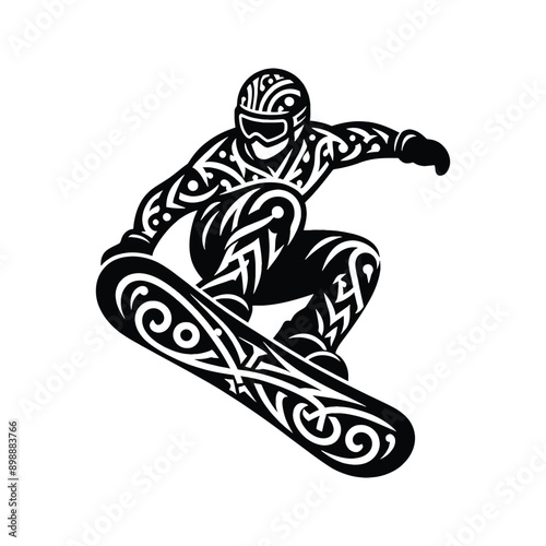 Snowboarding  male player in ethnic tribal pattern illustration, emblem shield badge