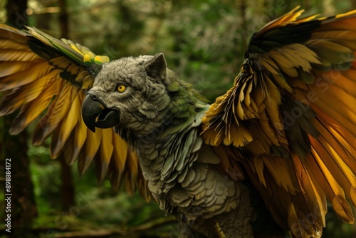 An artistic depiction of a wolflike creature adorned with vibrant bird feathers, standing majestically in a mystical forest, showcasing a mix of realism and fantasy elements. photo