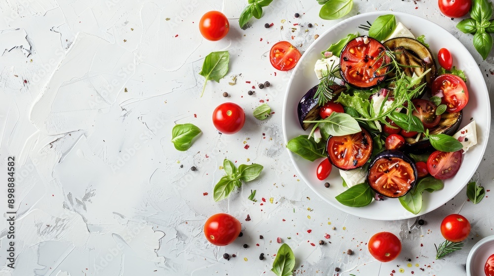 Seasonal Vegetables Fresh Salad Tomatoes and Eggplant on Light Background Top View Seasonal Vegetables Fresh Salad Tomatoes and Eggplant on Light Background Top View