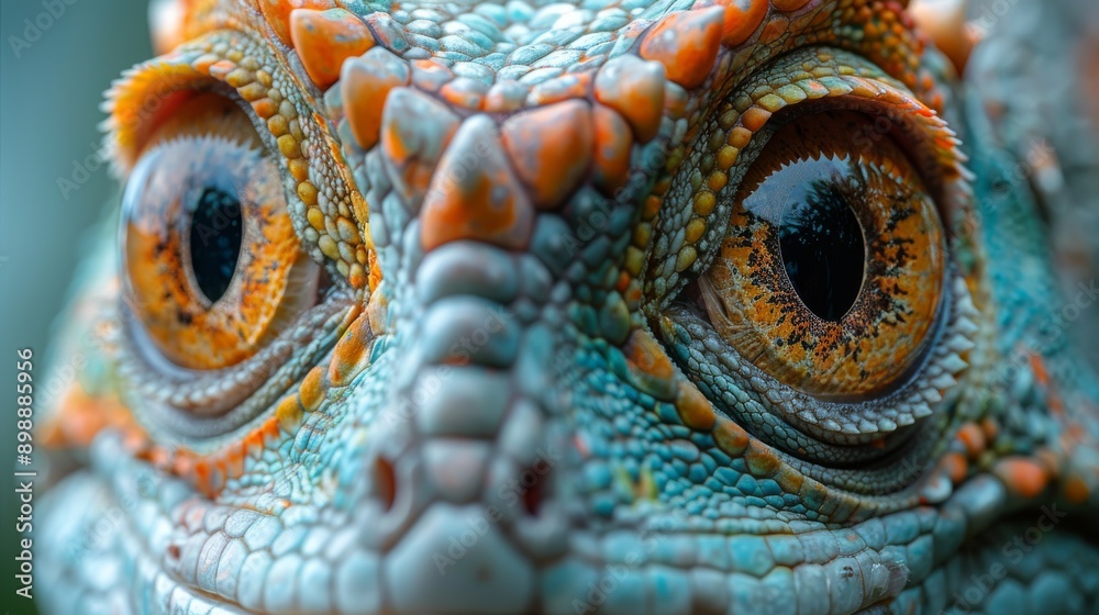 Fototapeta premium Close up of a chameleon's head, revealing its incredibly detailed scales and captivating orange eyes