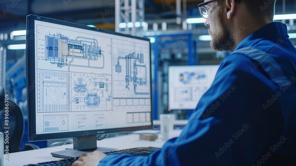 Over the shoulder shot of engineer working with cad software on desktop computer screen shows technical details and drawings. in the background engineering facility specialising on industrial design. Over the shoulder shot of engineer working with cad software on desktop computer screen shows technical details and drawings. in the background engineering facility specialising on industrial design.
