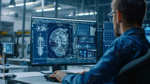 Over the shoulder shot of engineer working with cad software on desktop computer screen shows technical details and drawings. in the background engineering facility specialising on industrial design.