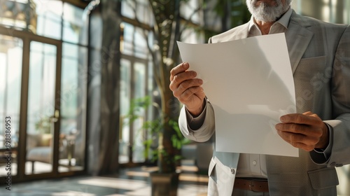 Businessman holding manuscript project presentation with his han. photo