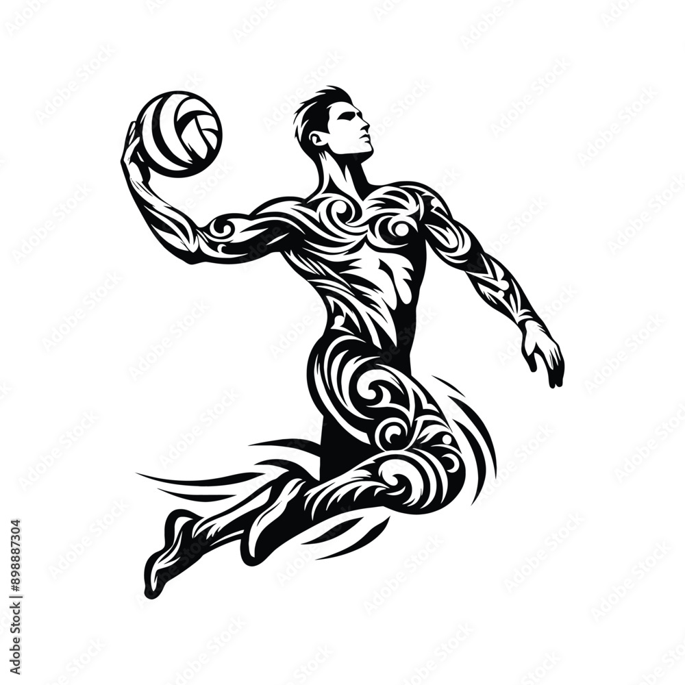 Fototapeta premium Volleyball male player in ethnic tribal pattern illustration, emblem shield badge