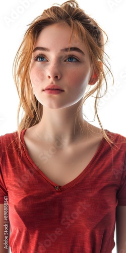 portrait of a young woman with freckles and blue eyes photo