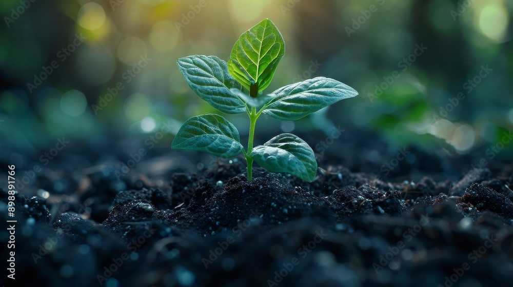 Small green plant growing in fertile soil with the warm glow of sunset in the background Small green plant growing in fertile soil with the warm glow of sunset in the background
