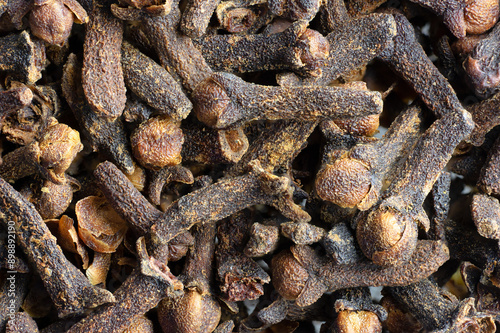 Macrophotography of clustered set of clove sticks from india. photo