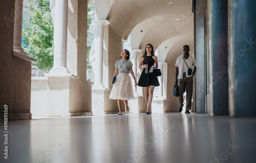 Three businesspeople walking outdoors under arcades on a sunny day, showcasing urban professional life and summer vibes.