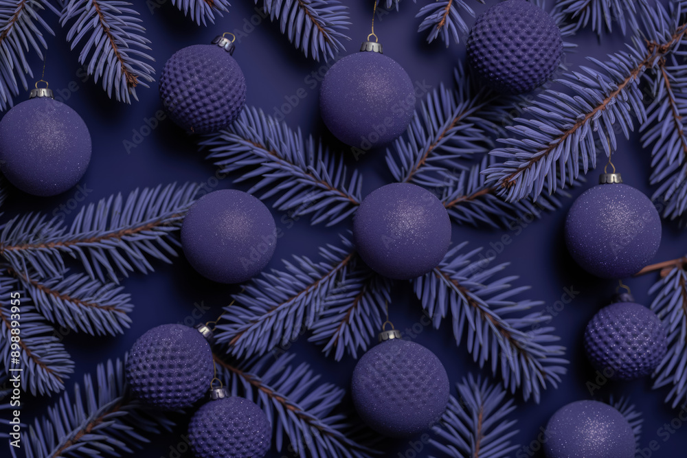 Fototapeta premium future dusk purple christmas ornaments and pine branches on dark background