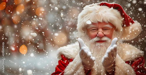 A smiling Santa Claus is blowing snow in the air
