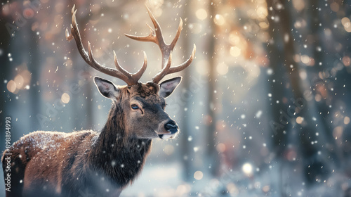 cinematic view of majestic deer with large antlers in snowy winter forest backdrop © Klay
